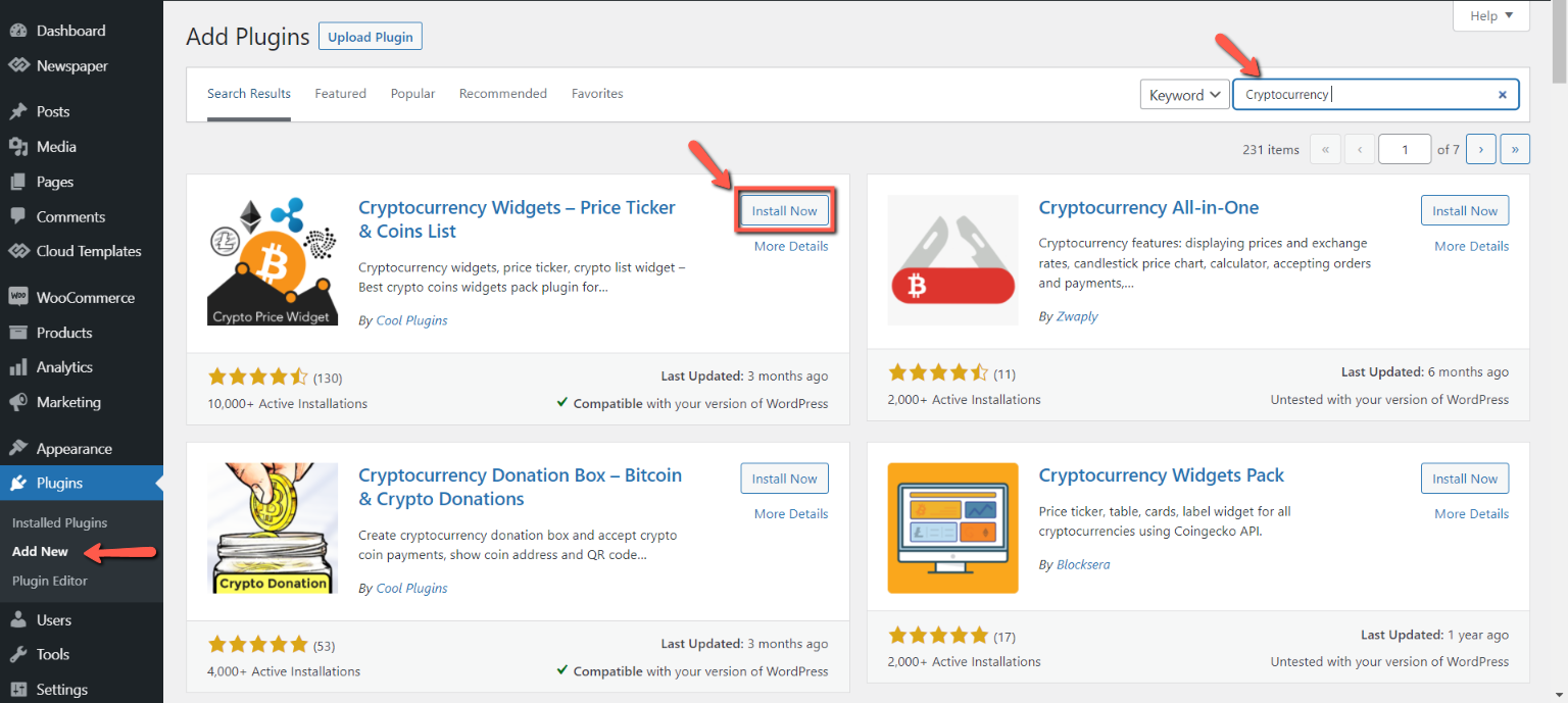 插件 -&gt; 添加新的，输入 “Cryptocurrency” 找到此插件，安装并激活它