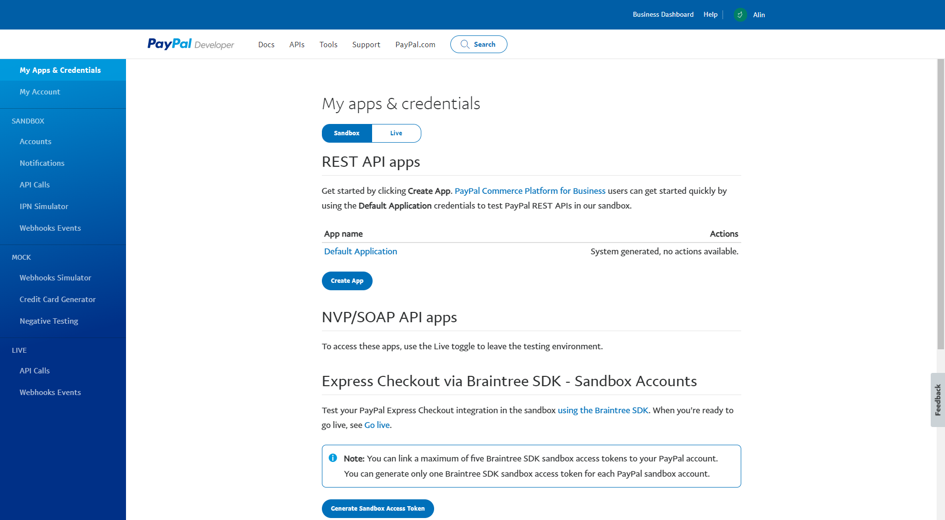 PayPal默认应用程序在My Apps &amp; Credentials下